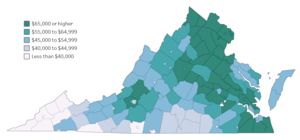 Map of Virginia counties colored by median household income, with ranging from gray, to blue, to darker green.
