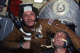 NASA Astronaut Tom Stafford wearing "Snoopy" cap with Plantronics (SPENCOM) headset in 1975 (Apollo-Soyuz Mission)