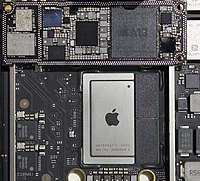 M1 (APL1102) on a Mac mini (M1, 2020) (model 9,1) logic board, compared with A13 SoC on an iPhone 11 CPU board