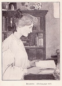A girl reading from the public domain image book, "What Shall We Do?" "Five Hundred Games and Pastimes" by Dorothy Canfield published in 1907 by Frederick A Stokes Company of New York