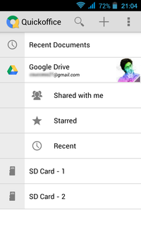 Quickoffice is shown running on the Android operating system. Part of the electronic mail address displayed has been redacted for privacy reasons.