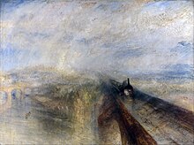 An impressionistic painting which is generally orange but with some purple in the sky. Two strong lines emerge from the centre and disappear at bottom right which form an arch bridge carrying a smudge of a steam train towards the viewer.