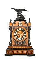 A neo-Baroque spring driven, mantel clock, attributed to Johann Baptist Beha, ca. 1885. Original door missing (Deutsches Uhrenmuseum, Inv. 15–3833)