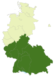 A map of West Germany and West Berlin with the location of the 2. Bundesliga Süd highlighted