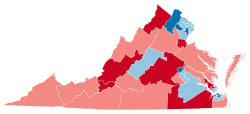 A map of Virginia showing the results of the 2023 Virginia Senate election, with Republican districts in red and Democratic districts in blue, with heavier shading showing which changed parties.