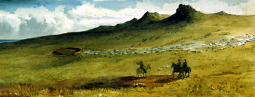 Three men in horseback examine a pastoral settlement