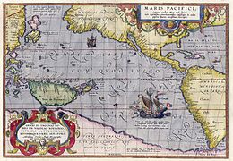 Maris Pacifici by Ortelius (1589). One of the first printed maps to show the Pacific Ocean[37]