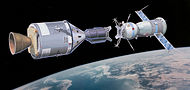 An artist impression of an American Apollo spacecraft and Soviet Soyuz spacecraft docking, a propaganda portrait for the Apollo–Soyuz Test Project mission