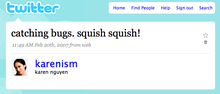 A tweet by @karenism from 2007: "catching bugs. squish squish!"