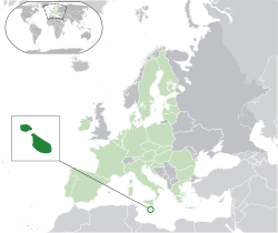 Location of Malta (green circle) – in Europe (light green & dark grey) – in the European Union (light green)  –  [Legend]