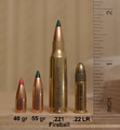 L-R: 40 gr Hornady V-Max, 55 gr Sierra BlitzKing, .221 Remington Fireball, .22 LR Remington Golden Bullet