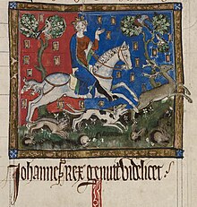 An illuminated picture of King John riding a white horse and accompanied by four hounds. The king is chasing a stag, and several rabbits can be seen at the bottom of the picture.