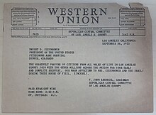 Western Union telegram sent to President Dwight Eisenhower wishing him a speedy recovery from his heart attack on Sept 26, 1955