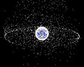 Image 31A computer-generated image mapping the prevalence of artificial satellites and space debris around Earth in geosynchronous and low Earth orbit (from Earth)