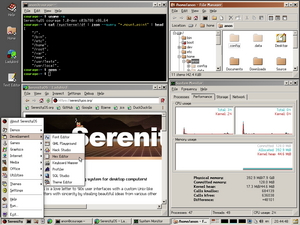 The SerenityOS Desktop as it was on October 22, 2022. In the screenshot you can see the Text Editor, the File Manager, the Terminal emulator and the Ladybird web browser. A CatDog is sitting on the text editor.