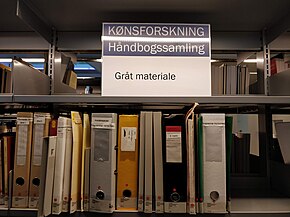 Part of a library bookshelf, of which two shelves are depicted. The top shelf does not contain any books, only a sign which, in Danish, reads "gender studies – handbook collection – grey materials". The bottom shelf contains a series of folders and ring binders.