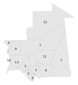 A clickable map of Mauritania exhibiting its twelve regions and one capital district.