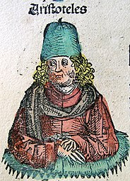 Nuremberg Chronicle anachronistically shows Aristotle in a medieval scholar's clothing. Ink and watercolour on paper, 1493