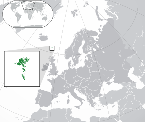 Location of the Faroe Islands (green) in Europe (green and dark grey)