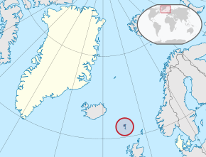 Location of the Faroe Islands (red; circled) in the Kingdom of Denmark (yellow)