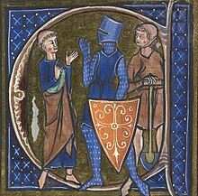 A miniature depicting a tonsured man, a fully armored man wearing a shield, and a man who holds a spade