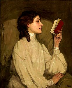 Miss Auras, by John Lavery, depicts a woman reading a book.