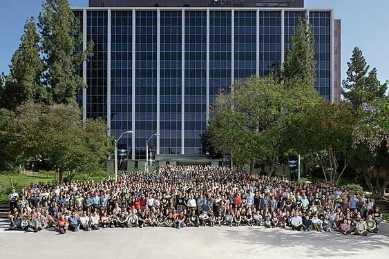 Mars Perseverance rover team in front of JPL's administration building