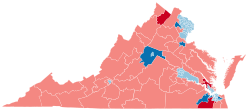 A map of Virginia showing the results of the 2023 Virginia House of Delegates election, with Republican districts in red and Democratic districts in blue, with heavier shading showing which changed parties.