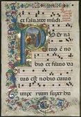 Leaf from a Gradual: Initial P with the Nativity; 1495; ink, tempera and gold on vellum; each leaf: 598 × 41 mm; Cleveland Museum of Art