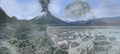Image 36An artist's impression of the Archean, the eon after Earth's formation, featuring round stromatolites, which are early oxygen-producing forms of life from billions of years ago. After the Late Heavy Bombardment, Earth's crust had cooled, its water-rich barren surface is marked by continents and volcanoes, with the Moon still orbiting Earth half as far as it is today, appearing 2.8 times larger and producing strong tides. (from Earth)