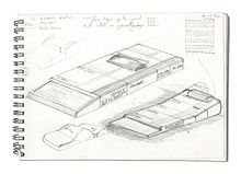 Sketch of two concept designs for the ZX81, showing the computer with a series of similarly shaped boxes stacked behind it in a row.