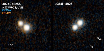 These two NASA/ESA Hubble Space Telescope images reveal two pairs of quasars that existed 10 billion years ago and reside at the hearts of merging galaxies.[82]