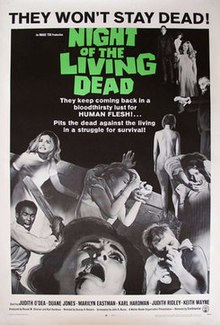 Promotional poster with large text reading They Won't Stay Dead! Night of the Living Dead above stills of zombies and victims from the film.