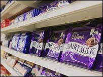 Chocolate bars on supermarket shelf, BBC