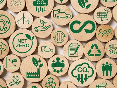 web Sustainability-icons-on-wood - Credit: credit iStock - 1502416900