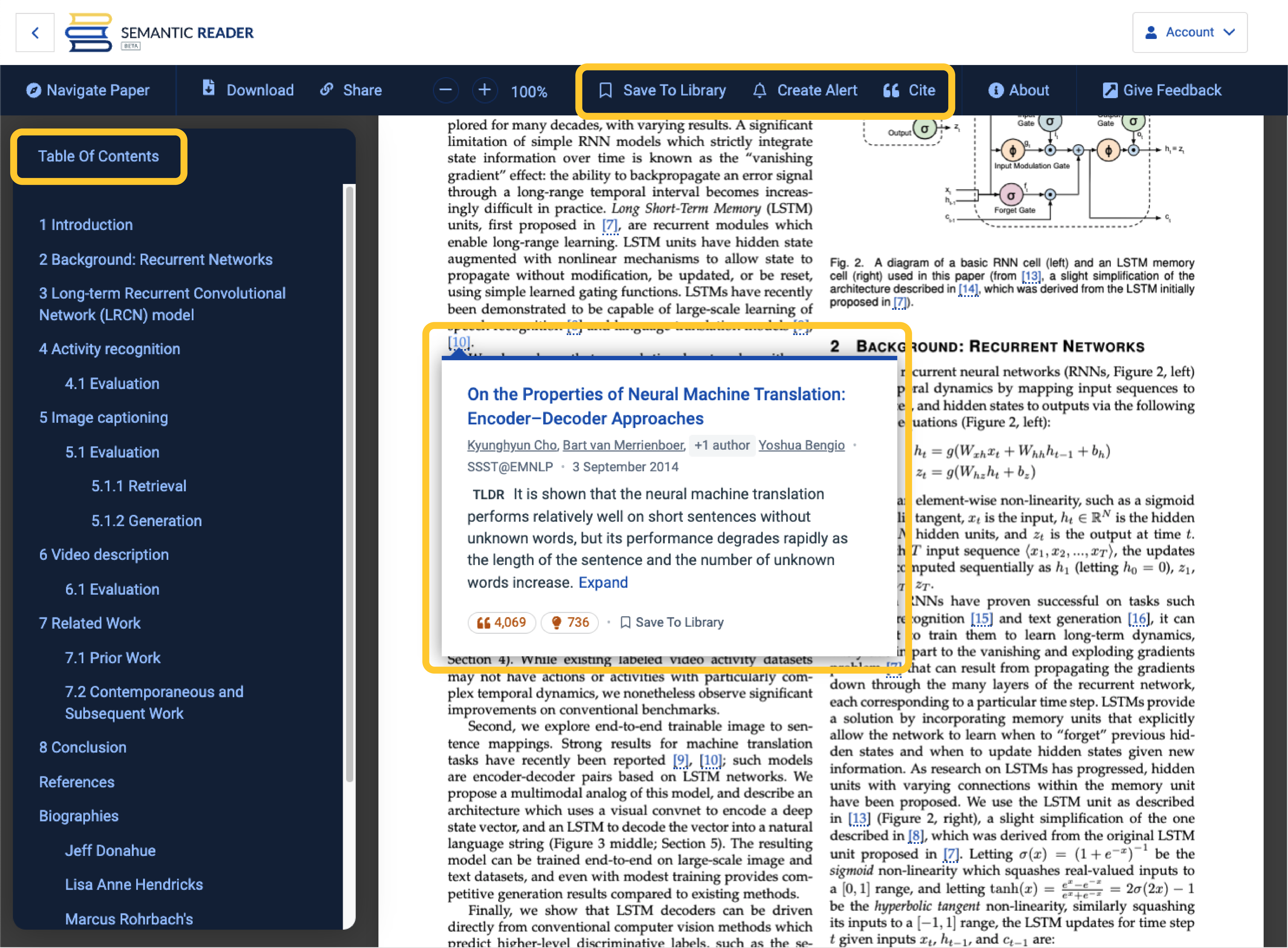 Semantic Reader interface showing citation detail cards, Table of Contents, Save to Library button, and Cite button