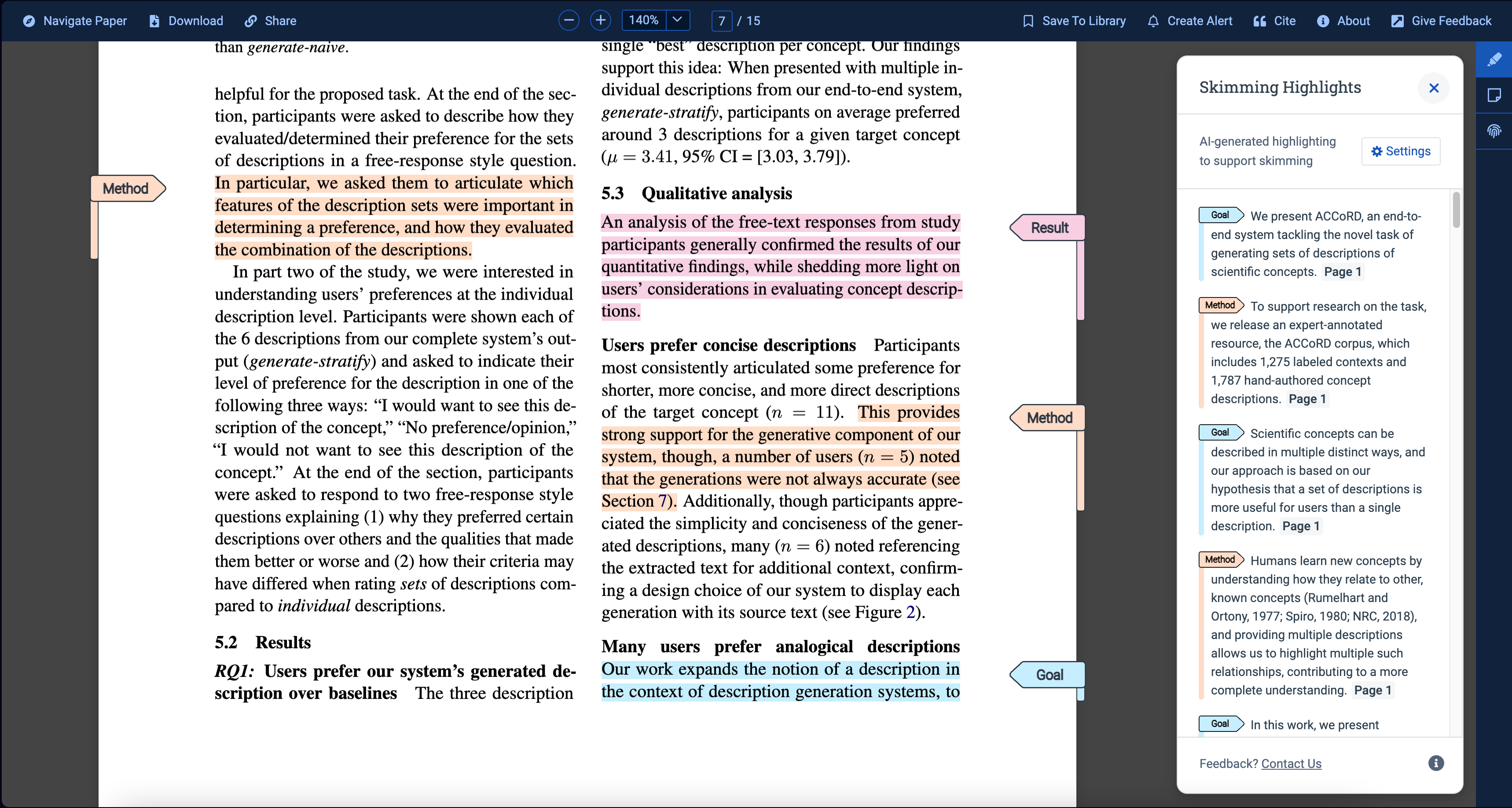 A screenshot shows a PDF reader. Colored labels in the margin that say “Method, Result, or Goal.” Passage of text highlighted in colors corresponding with the labels. A sidebar on the right side of the page which contains the title “Skimming Highlights,” the description “AI-generated highlighting to support skimming,” a Settings button, and a list of extracted text with corresponding labels. 