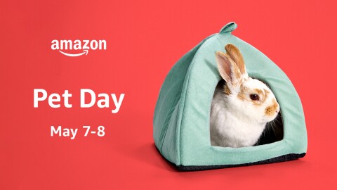 An image of the Amazon Pet Day date announcement with text that reads "Pet Day May 7-8" and an image of a rabbit.