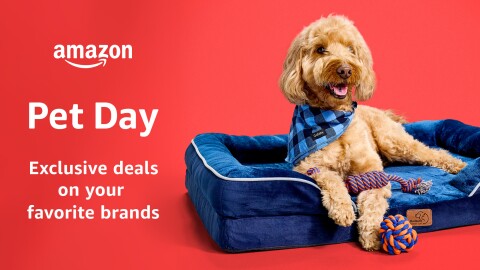 A close up image of a dog's face. There is text on the left side of the image that says "Amazon Pet Day, Exclusive deals on your favorite brands"
