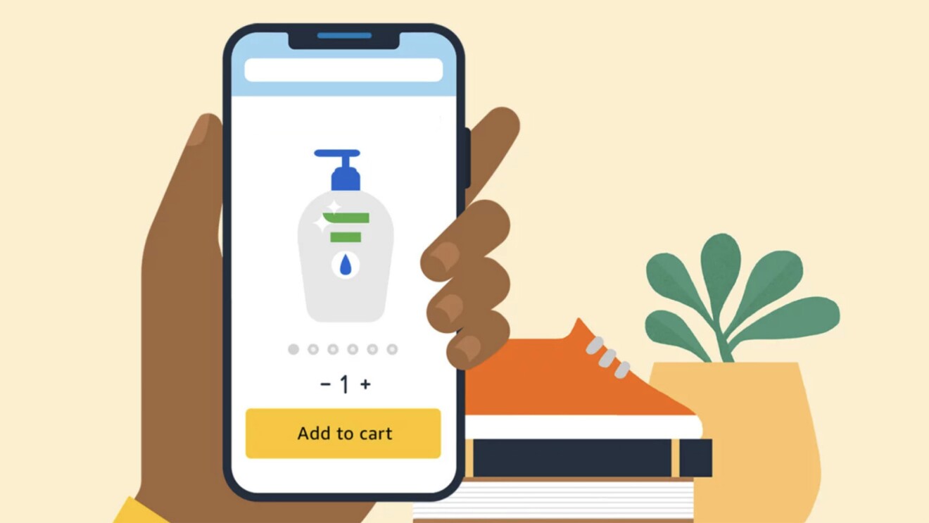 UI illustration of an amazon product page featuring a hand holding a bottle of soap. In the background are illustrations of a shoe and green plant
