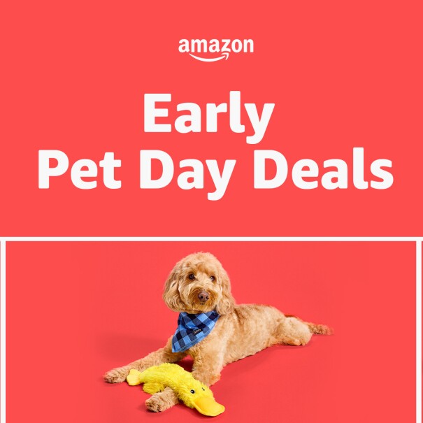 An image of various pets with toys, beds, and other fun items from Amazon. There is text that reads "Early Pet Day Deals" with the Amazon logo above it.