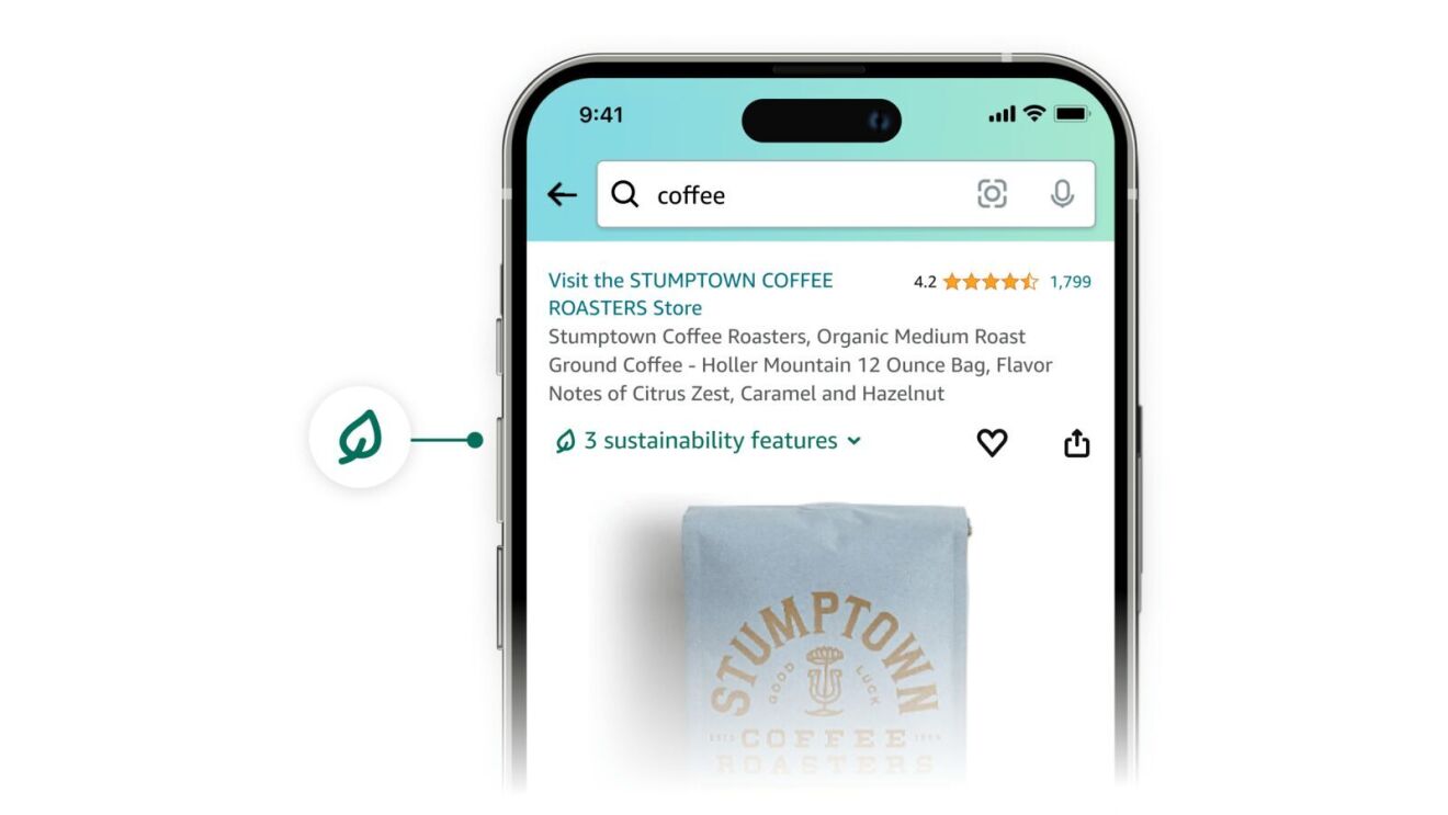 UI screenshot displaying the sustainability features you can see while shopping in the amazon app. it looks like a small leaf icon and can be found under the product name