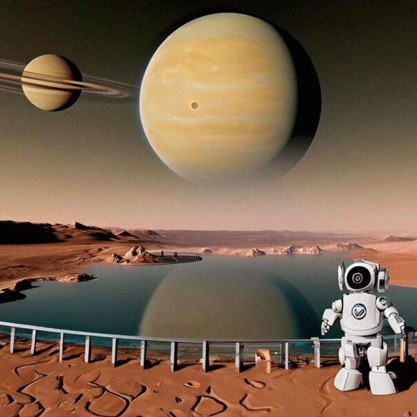 An image of a robot standing on a planet near a body of water. There is a guardrail separating the robot from the water.
