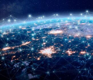 View from space of a connected network around planet Earth representing the Internet of Things.