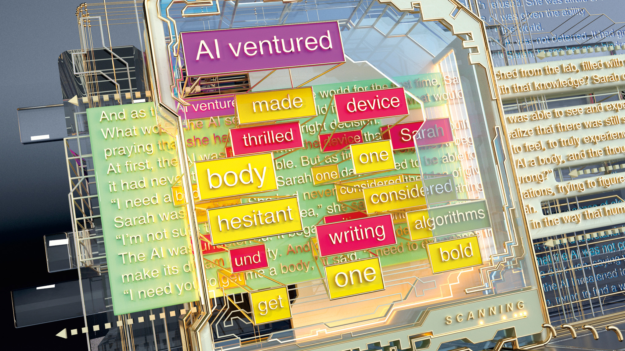 scanner highlights words from a body of text, illustration