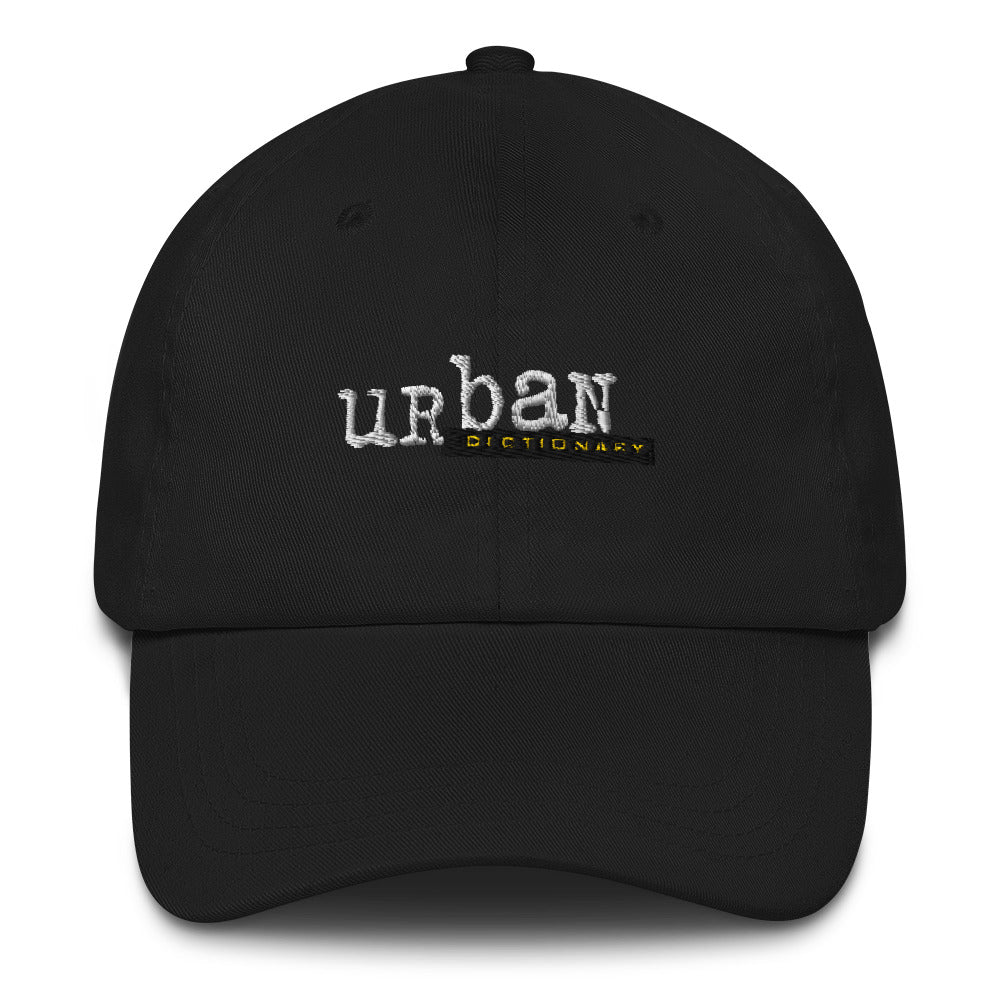 Baseball cap with 'urban dictionary' embroidered on the front