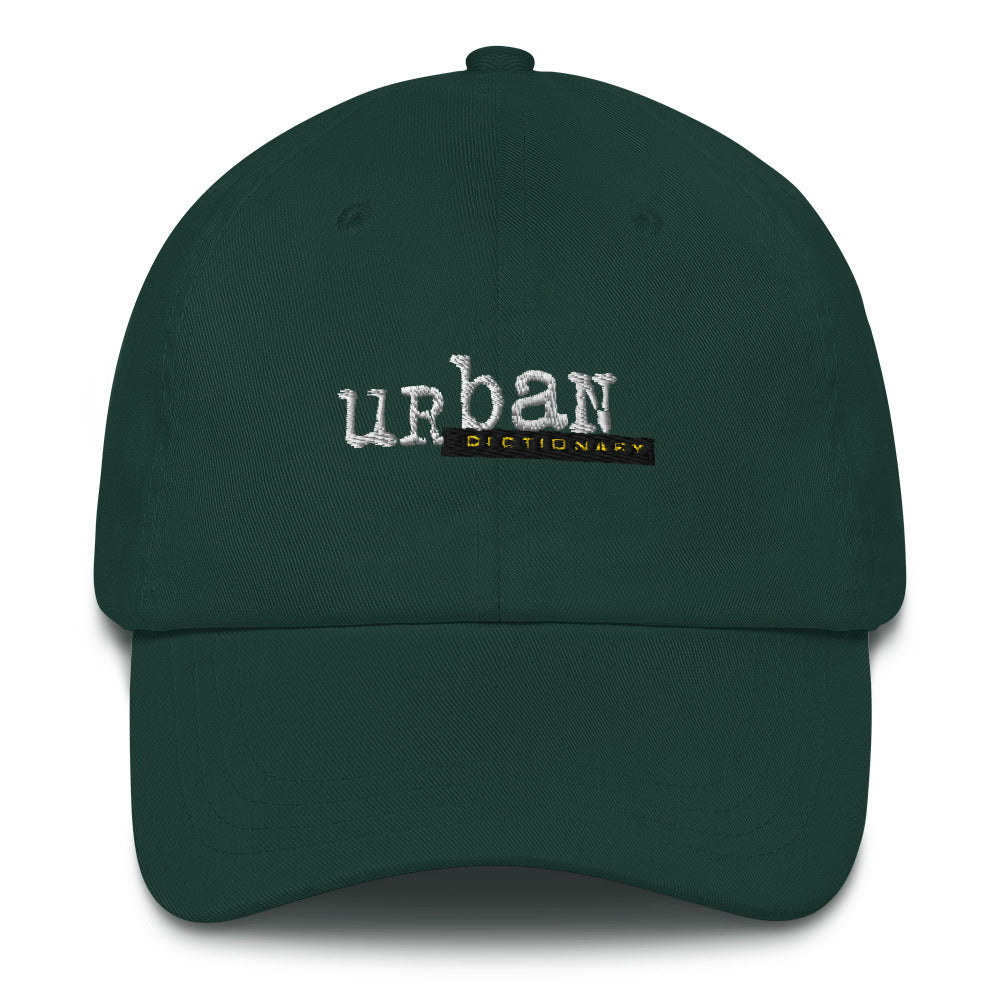 Baseball cap with 'urban dictionary' embroidered on the front