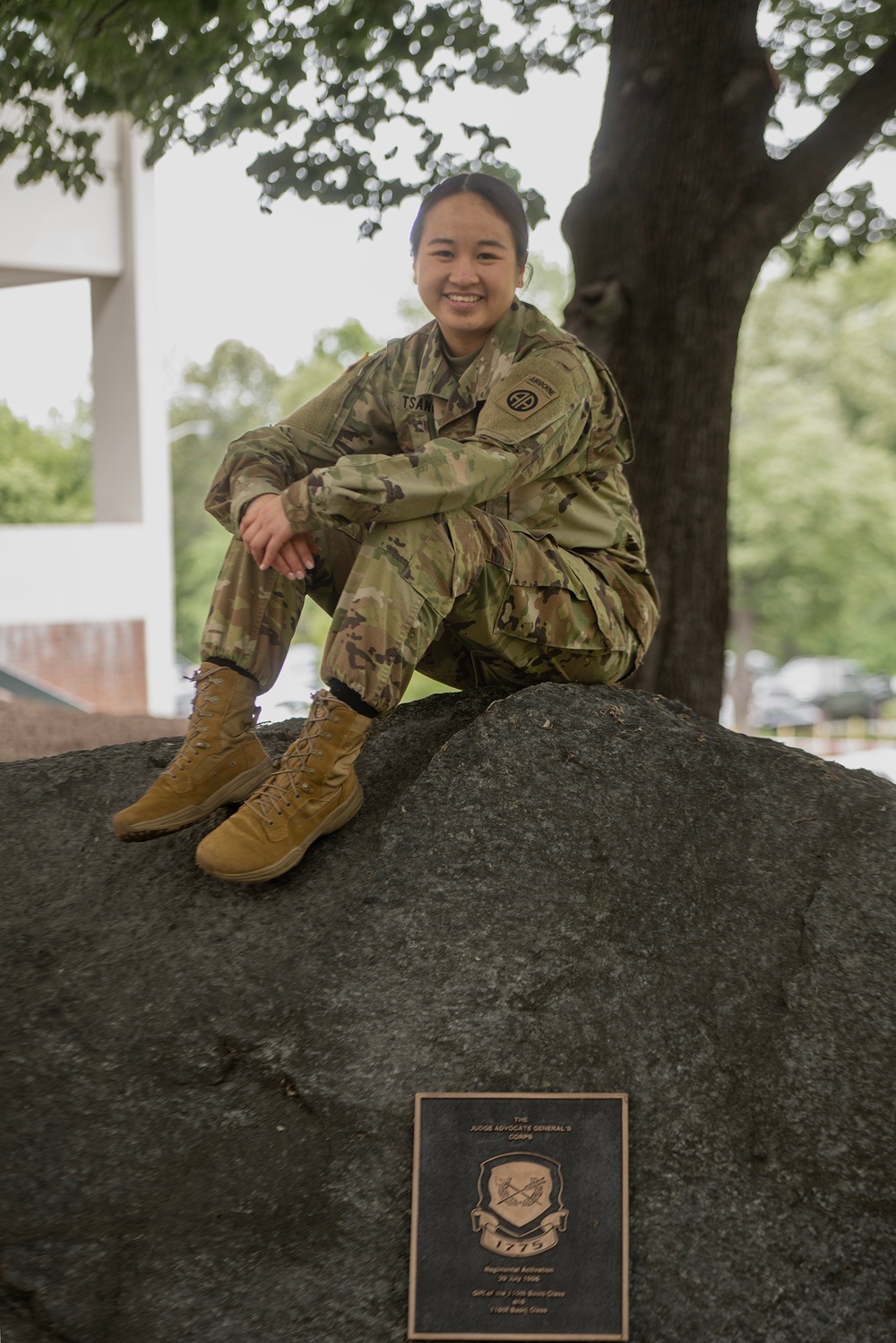 Photo By Billie Suttles | 223rd Officer Basic Course student 1st Lt. Seneca Tsang pictured on the regimental rock in front of The Judge Advocate General's Legal Center and School.