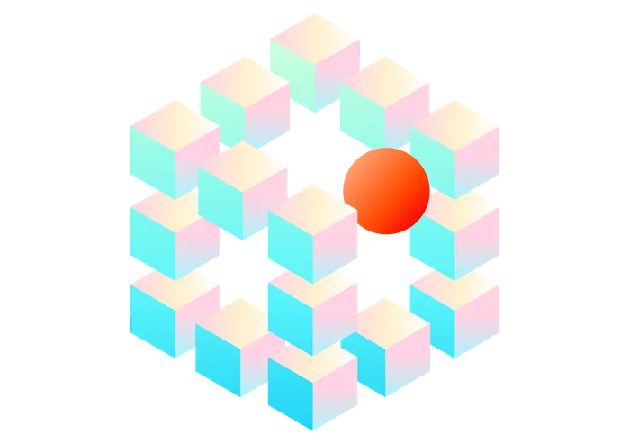 An abstract illustration of a 3D cube with a red circle in the top right