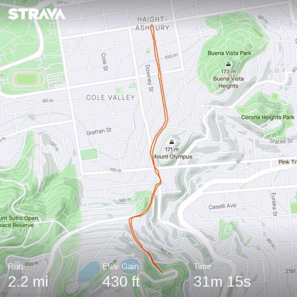 Strava map showing a roundtrip running route in red from Haight Ashbury to near a hairpin turn on Twin Peaks and back.